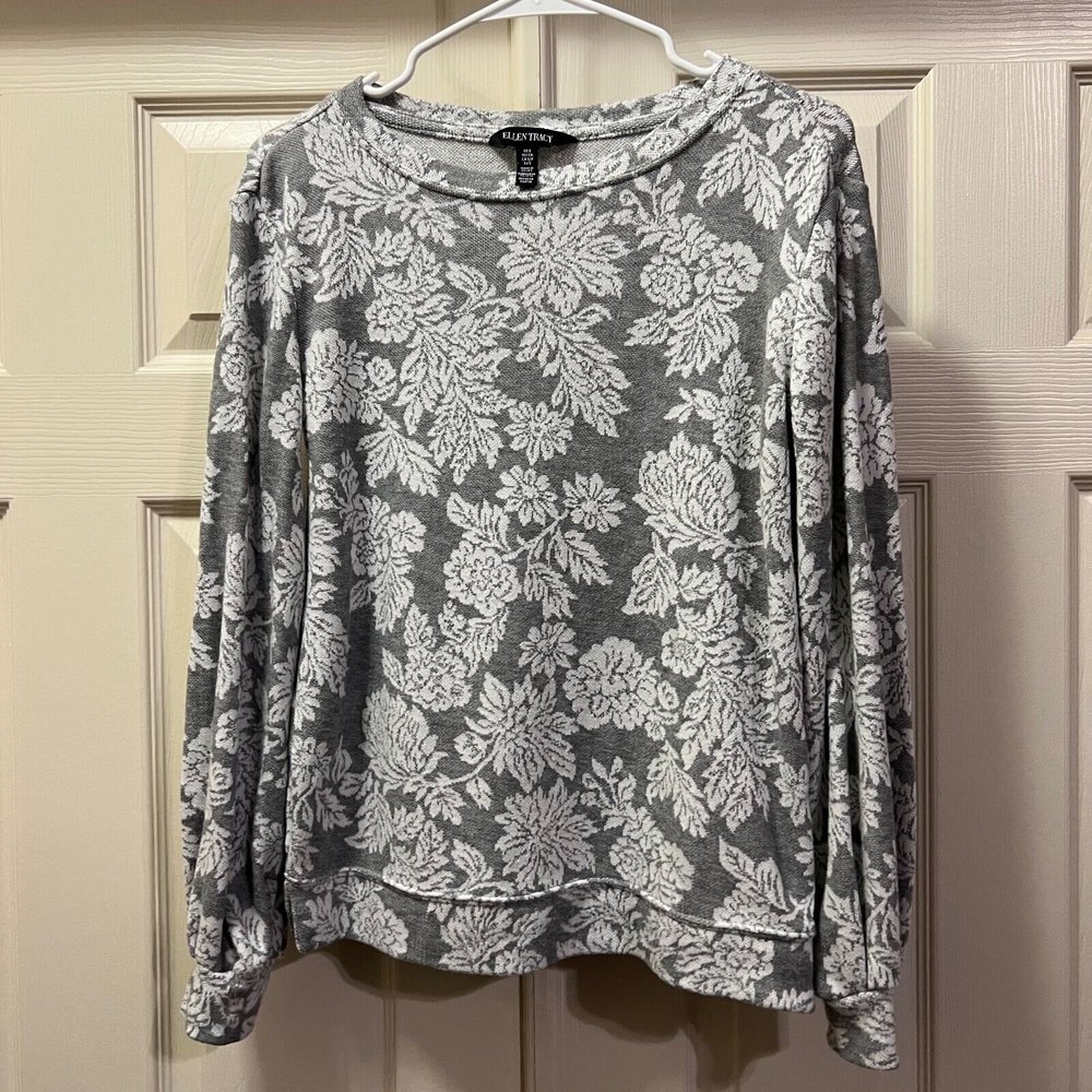 Ellen Tracy Womens Pullover Sweater Gray & White Crew Neck Sweater Size S